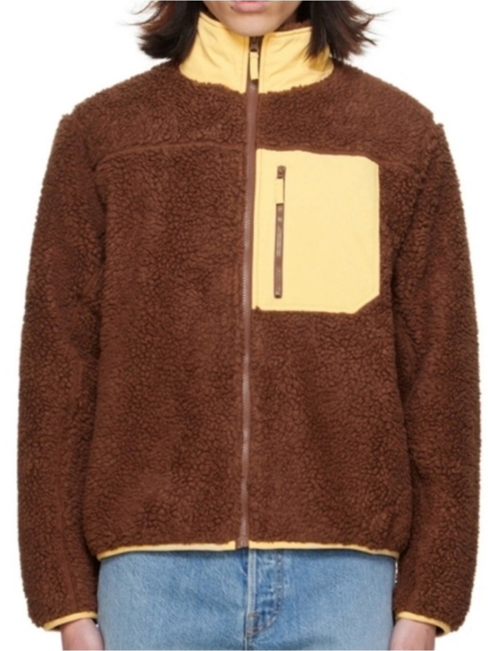 Madhappy Brown Sherpa Jacket with Yellow Chest Pocket
